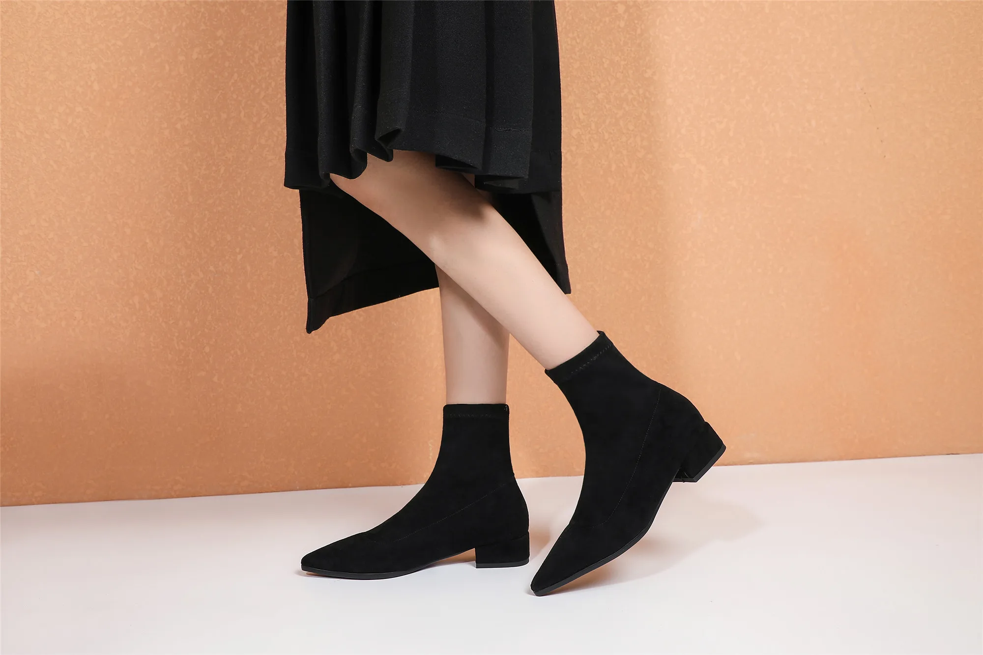 Woman Sock Ankle Boots 2026 Spring Autumn Pointed Toe Low Heel Elastic Flock Black Comfortable Booties Lady Shoes Big Size 42 43
