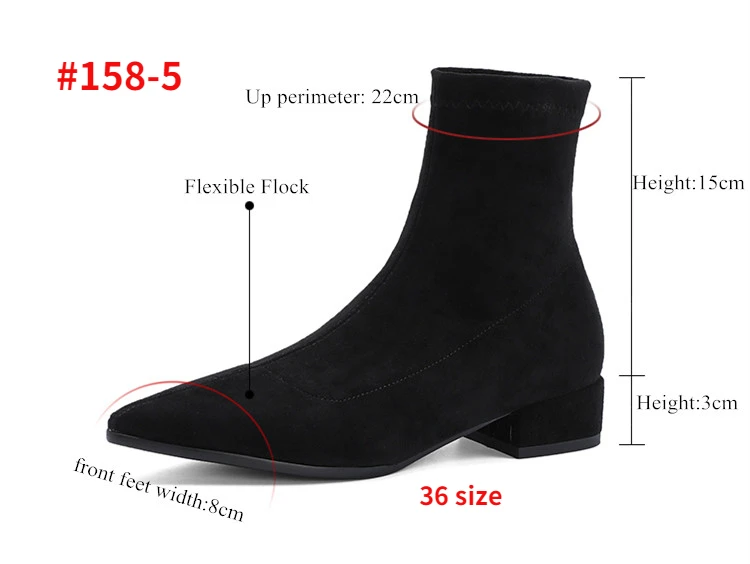 Woman Sock Ankle Boots 2026 Spring Autumn Pointed Toe Low Heel Elastic Flock Black Comfortable Booties Lady Shoes Big Size 42 43