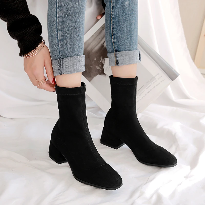 Woman Sock Ankle Boots 2026 Spring Autumn Pointed Toe Low Heel Elastic Flock Black Comfortable Booties Lady Shoes Big Size 42 43