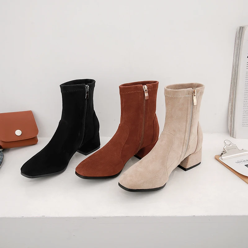 Woman Sock Ankle Boots 2026 Spring Autumn Pointed Toe Low Heel Elastic Flock Black Comfortable Booties Lady Shoes Big Size 42 43
