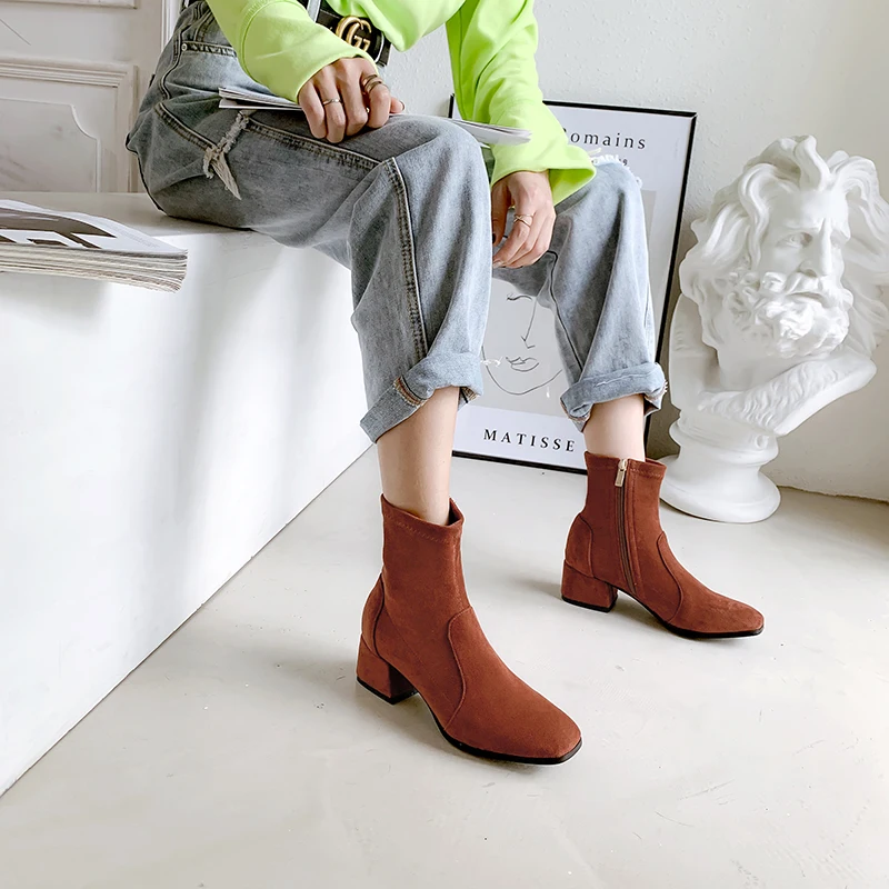 Woman Sock Ankle Boots 2026 Spring Autumn Pointed Toe Low Heel Elastic Flock Black Comfortable Booties Lady Shoes Big Size 42 43