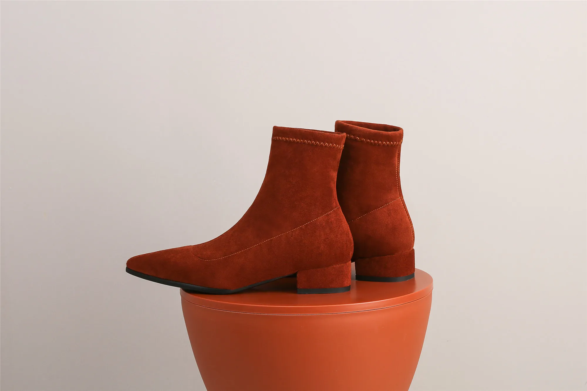 Woman Sock Ankle Boots 2026 Spring Autumn Pointed Toe Low Heel Elastic Flock Black Comfortable Booties Lady Shoes Big Size 42 43