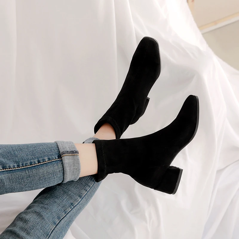 Woman Sock Ankle Boots 2026 Spring Autumn Pointed Toe Low Heel Elastic Flock Black Comfortable Booties Lady Shoes Big Size 42 43