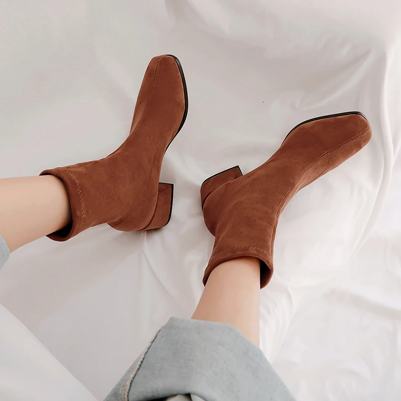 Woman Sock Ankle Boots 2026 Spring Autumn Pointed Toe Low Heel Elastic Flock Black Comfortable Booties Lady Shoes Big Size 42 43