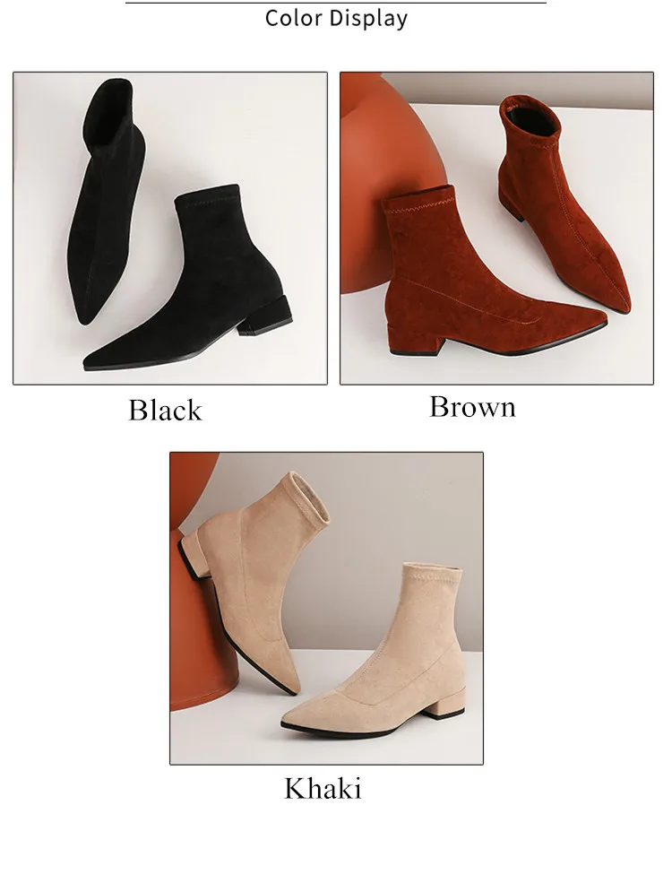 Woman Sock Ankle Boots 2026 Spring Autumn Pointed Toe Low Heel Elastic Flock Black Comfortable Booties Lady Shoes Big Size 42 43