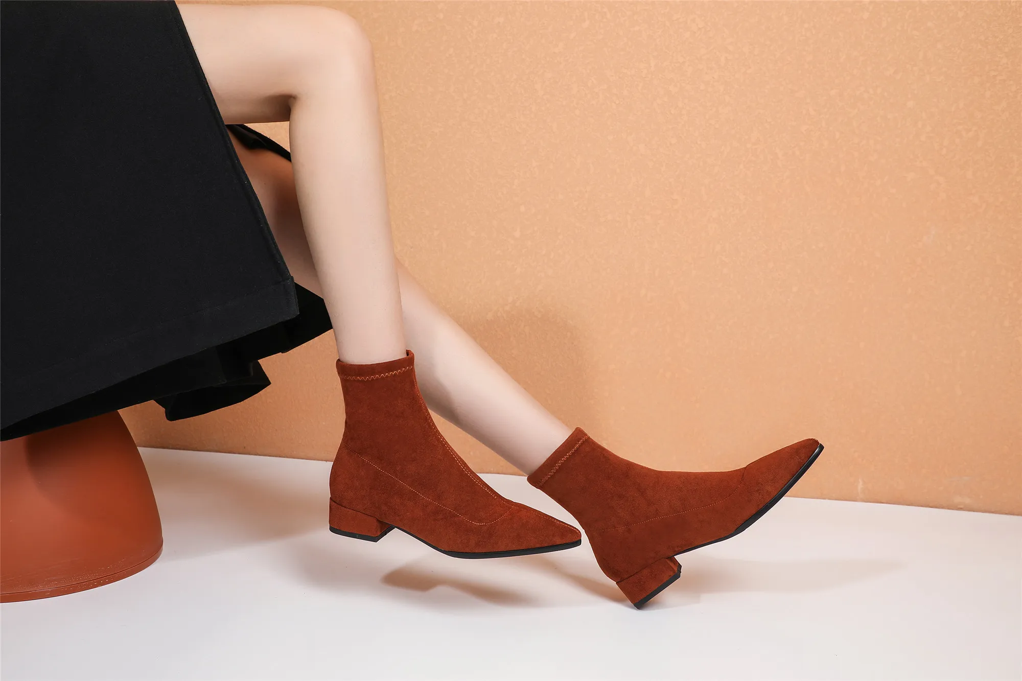 Woman Sock Ankle Boots 2026 Spring Autumn Pointed Toe Low Heel Elastic Flock Black Comfortable Booties Lady Shoes Big Size 42 43