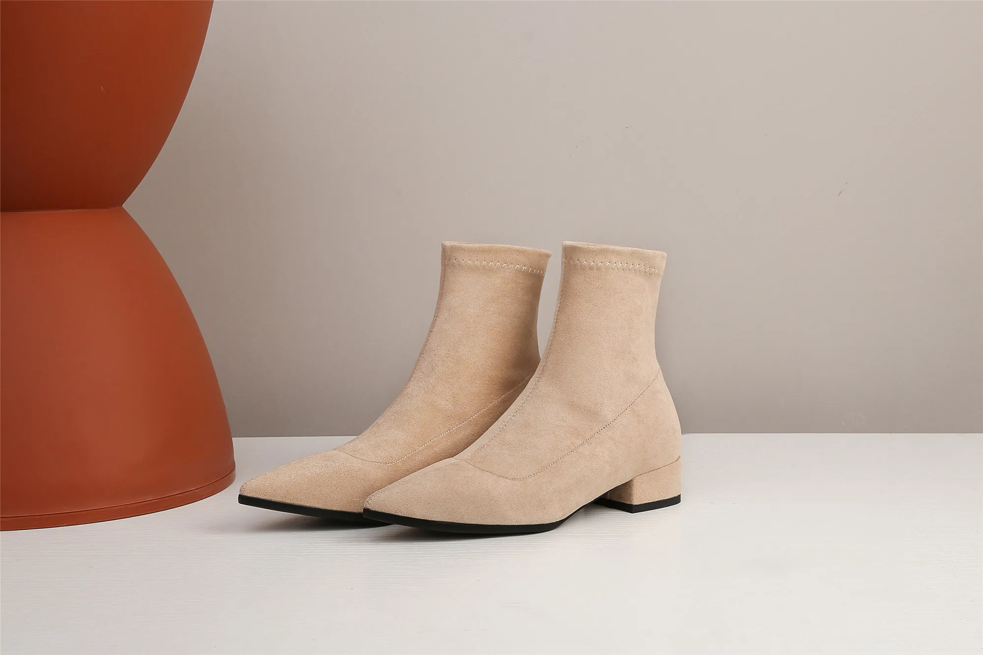 Woman Sock Ankle Boots 2026 Spring Autumn Pointed Toe Low Heel Elastic Flock Black Comfortable Booties Lady Shoes Big Size 42 43