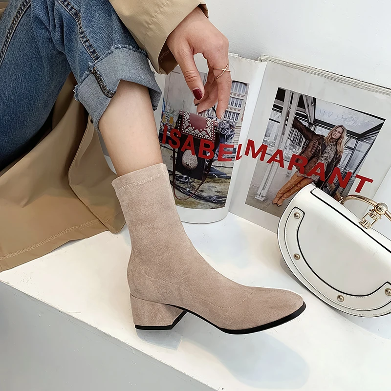 Woman Sock Ankle Boots 2026 Spring Autumn Pointed Toe Low Heel Elastic Flock Black Comfortable Booties Lady Shoes Big Size 42 43