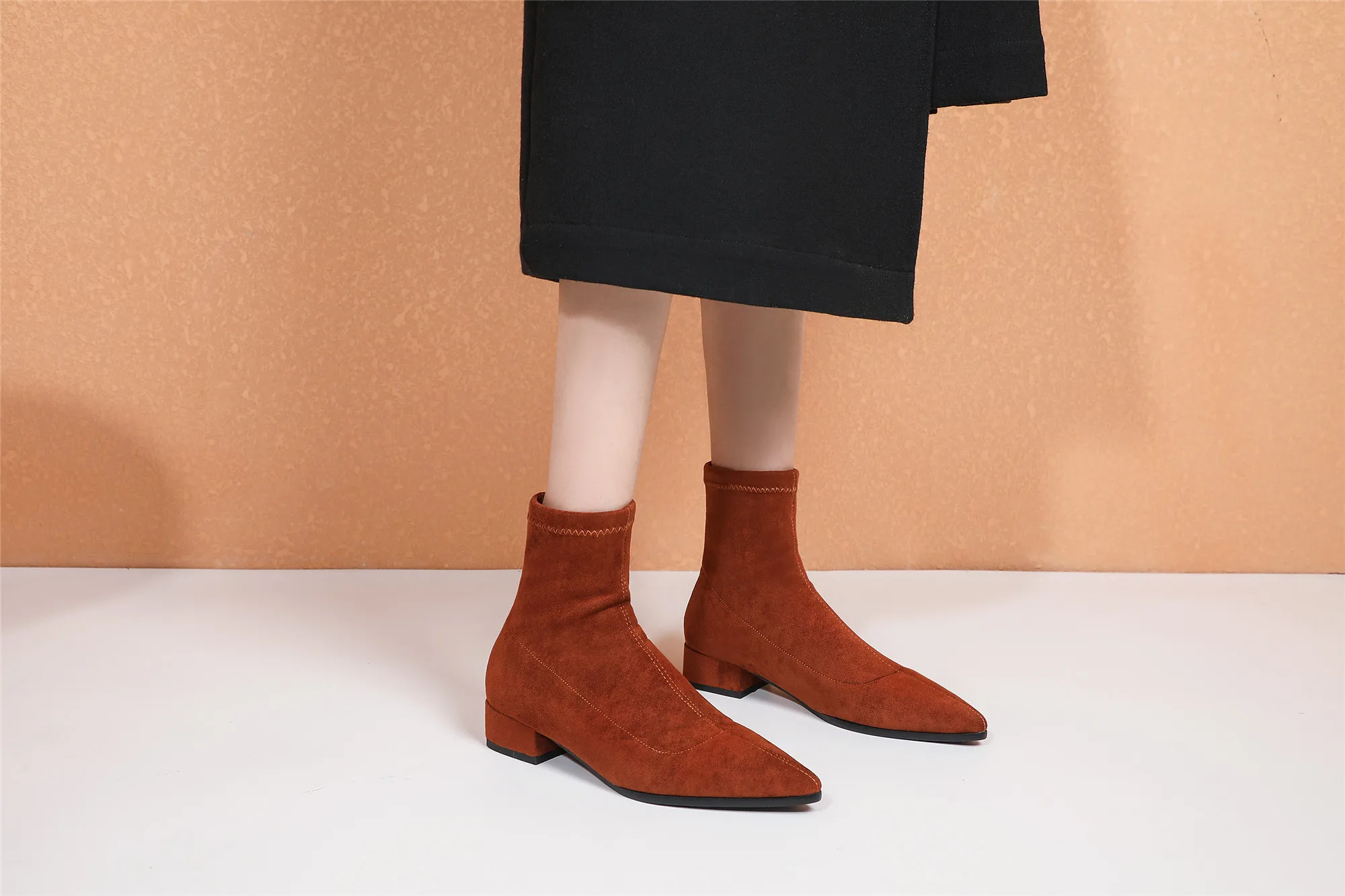 Woman Sock Ankle Boots 2026 Spring Autumn Pointed Toe Low Heel Elastic Flock Black Comfortable Booties Lady Shoes Big Size 42 43