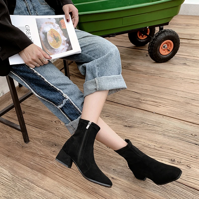 Woman Sock Ankle Boots 2026 Spring Autumn Pointed Toe Low Heel Elastic Flock Black Comfortable Booties Lady Shoes Big Size 42 43