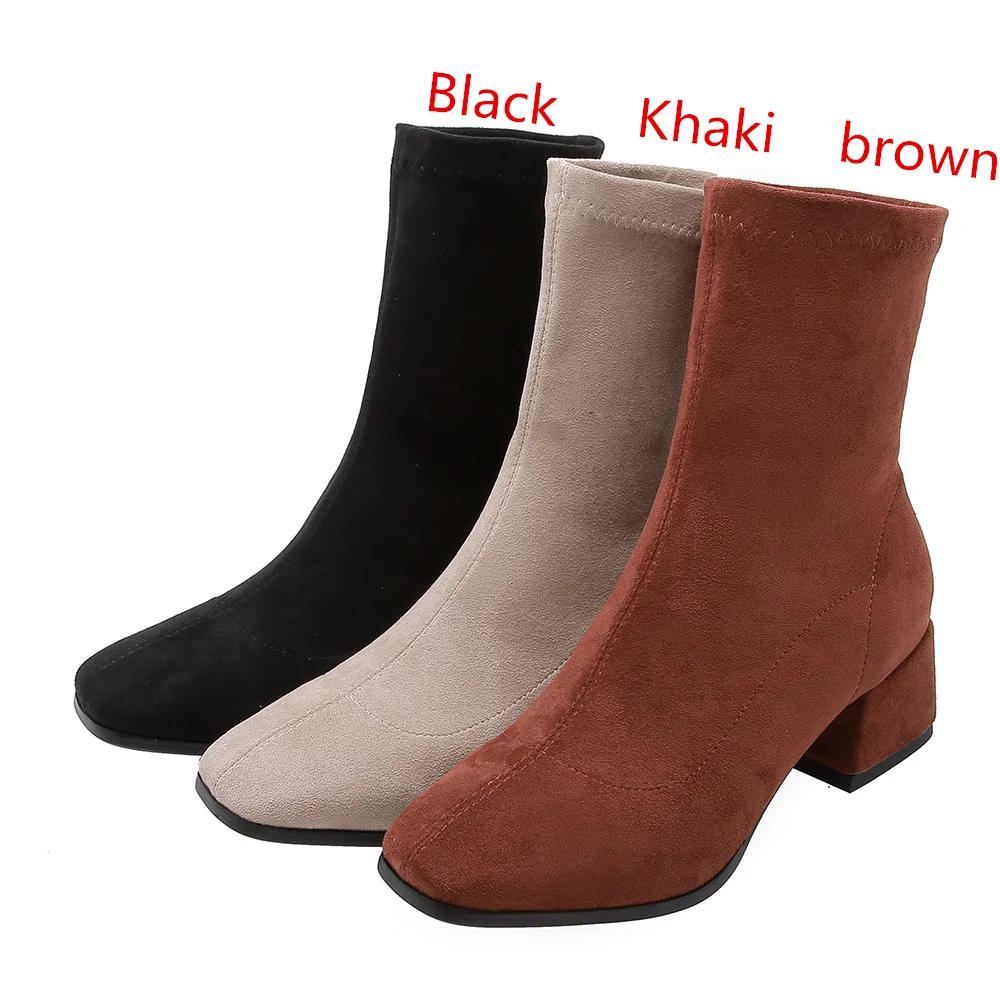 Woman Sock Ankle Boots 2026 Spring Autumn Pointed Toe Low Heel Elastic Flock Black Comfortable Booties Lady Shoes Big Size 42 43