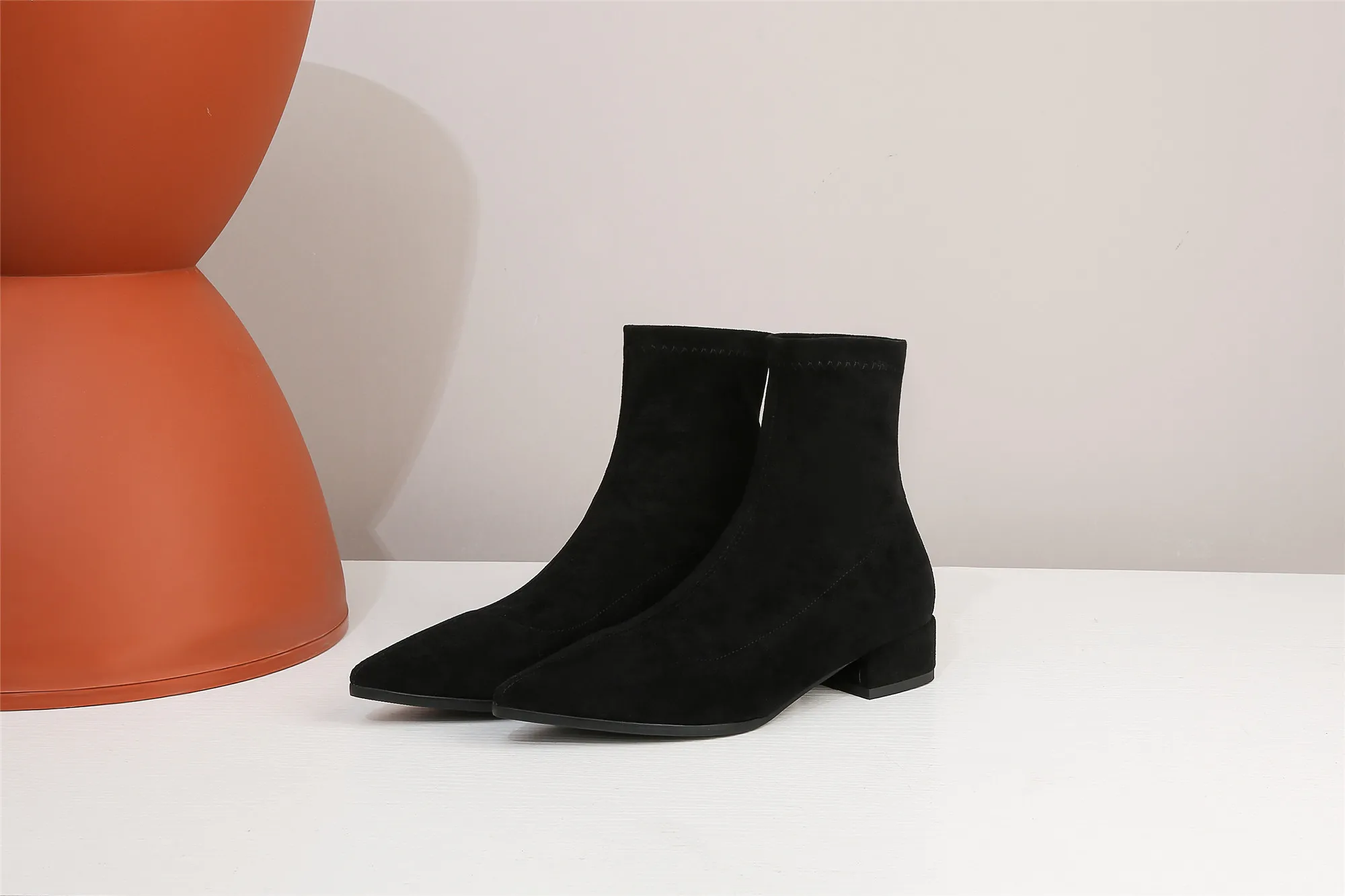 Woman Sock Ankle Boots 2026 Spring Autumn Pointed Toe Low Heel Elastic Flock Black Comfortable Booties Lady Shoes Big Size 42 43