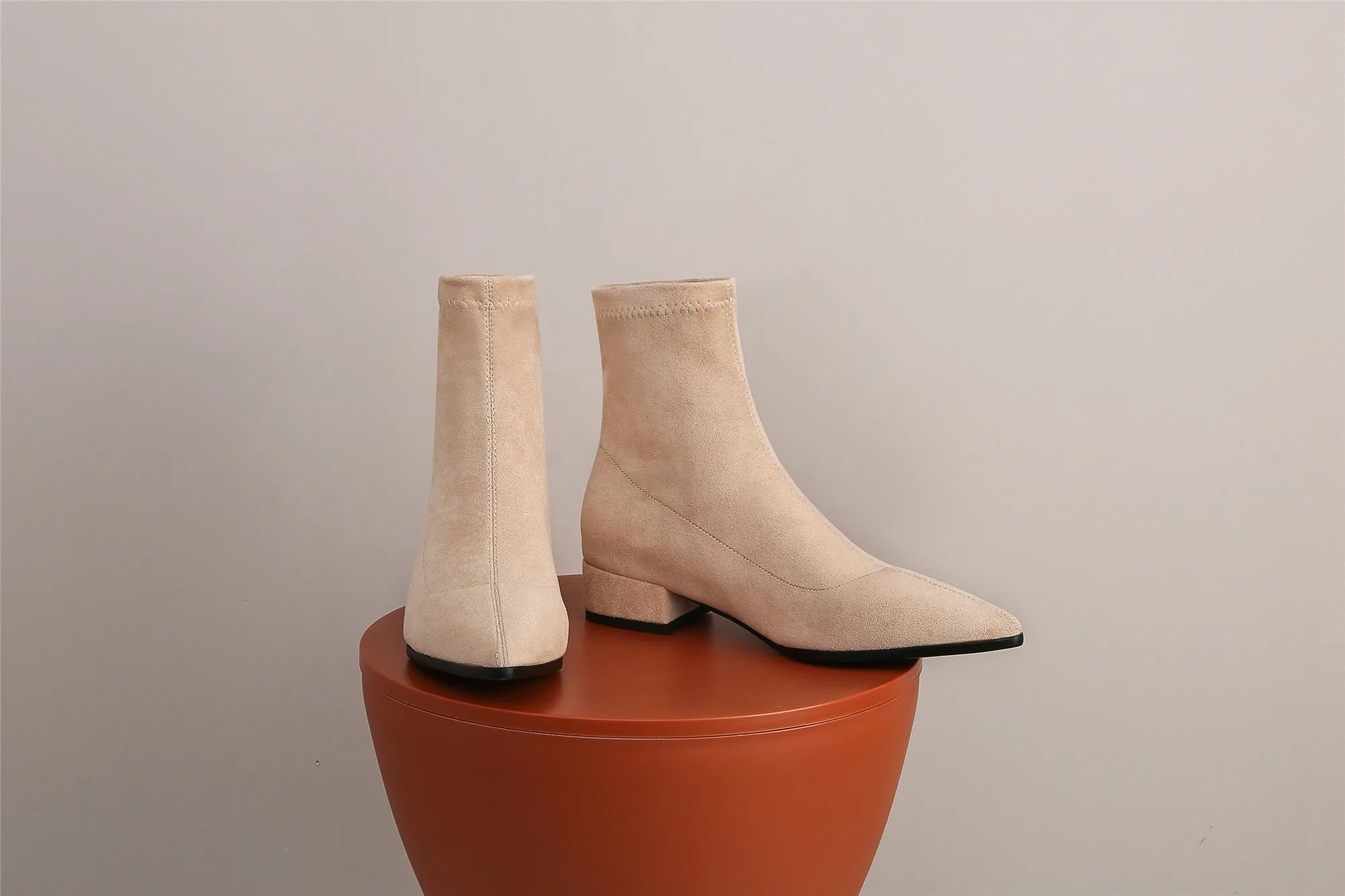 Woman Sock Ankle Boots 2026 Spring Autumn Pointed Toe Low Heel Elastic Flock Black Comfortable Booties Lady Shoes Big Size 42 43