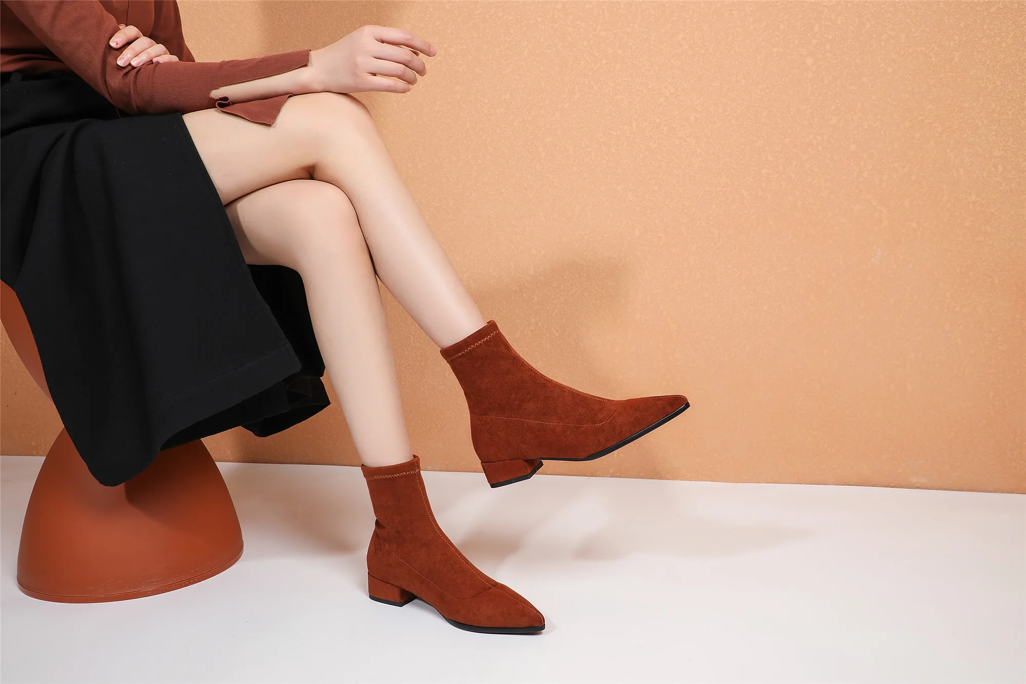 Woman Sock Ankle Boots 2026 Spring Autumn Pointed Toe Low Heel Elastic Flock Black Comfortable Booties Lady Shoes Big Size 42 43
