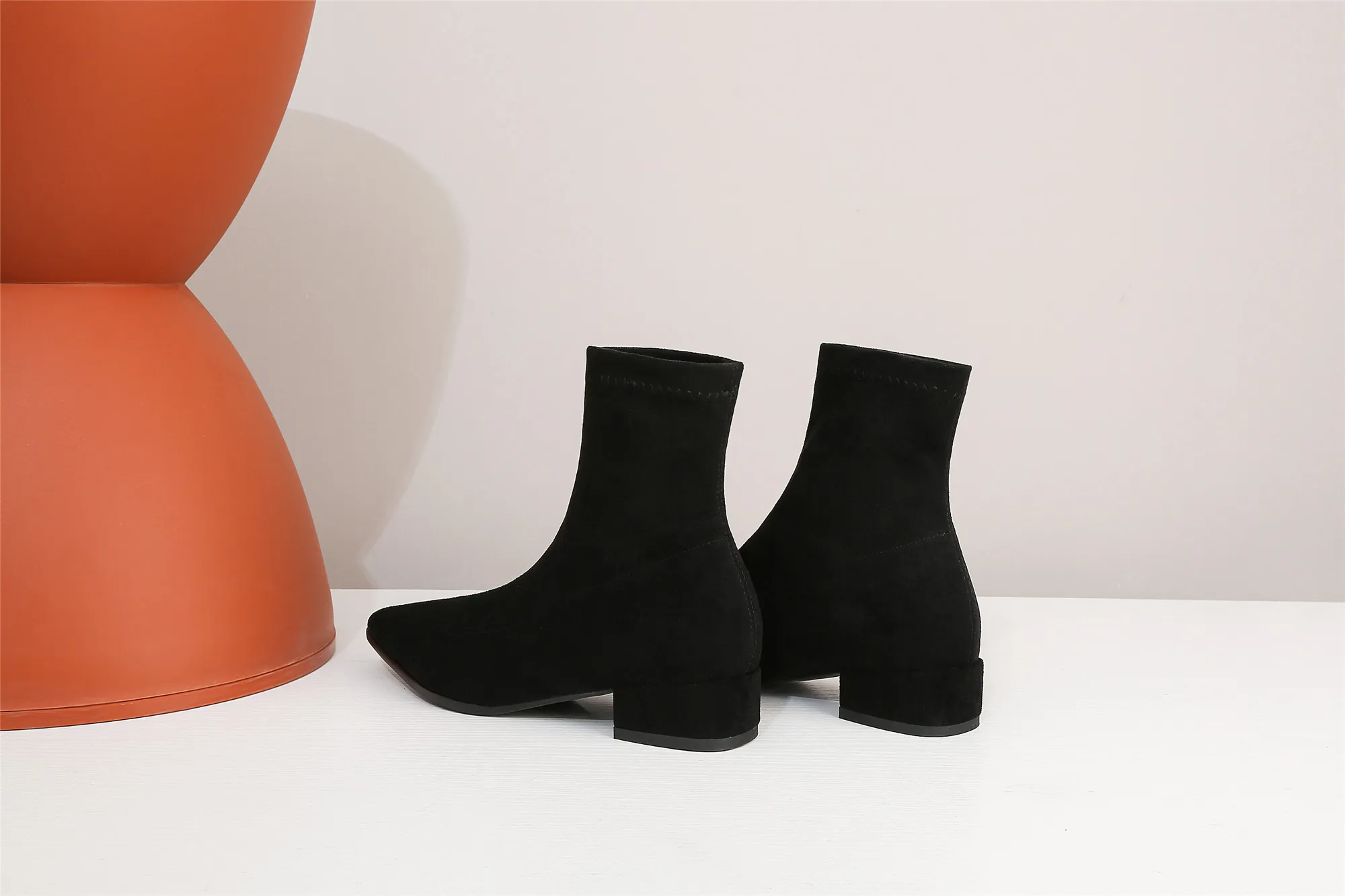 Woman Sock Ankle Boots 2026 Spring Autumn Pointed Toe Low Heel Elastic Flock Black Comfortable Booties Lady Shoes Big Size 42 43