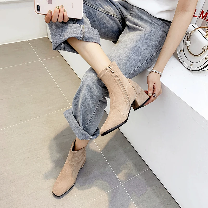 Woman Sock Ankle Boots 2026 Spring Autumn Pointed Toe Low Heel Elastic Flock Black Comfortable Booties Lady Shoes Big Size 42 43