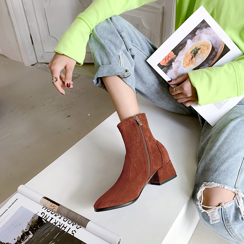 Woman Sock Ankle Boots 2026 Spring Autumn Pointed Toe Low Heel Elastic Flock Black Comfortable Booties Lady Shoes Big Size 42 43