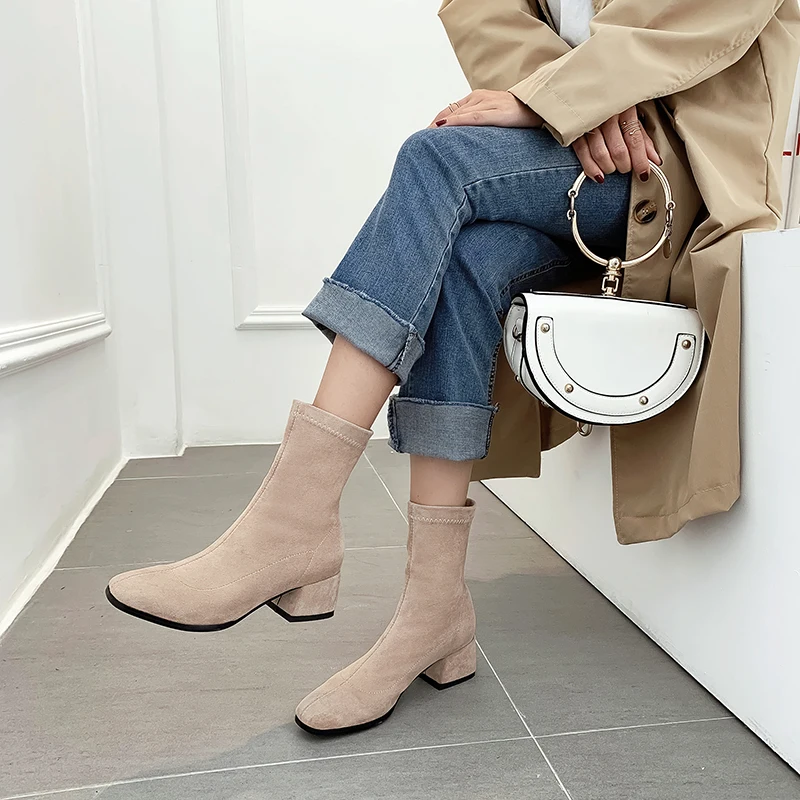 Woman Sock Ankle Boots 2026 Spring Autumn Pointed Toe Low Heel Elastic Flock Black Comfortable Booties Lady Shoes Big Size 42 43