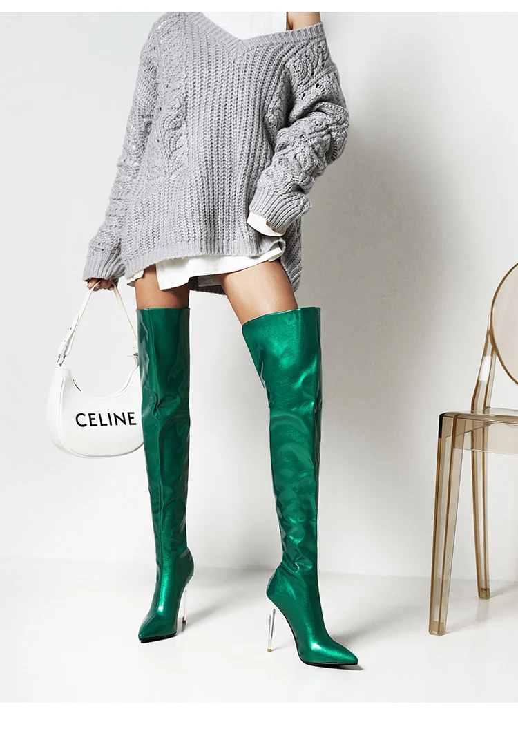 Super High Sexy Metal Stiletto Heel Patent Leather Women's Over-The-Knee Boots Large Size Pointed Toe Plush Lining Catwalk Boots