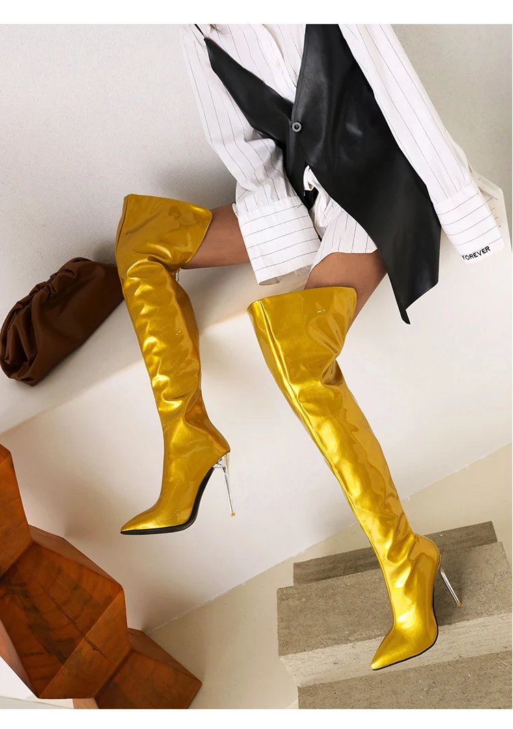 Super High Sexy Metal Stiletto Heel Patent Leather Women's Over-The-Knee Boots Large Size Pointed Toe Plush Lining Catwalk Boots
