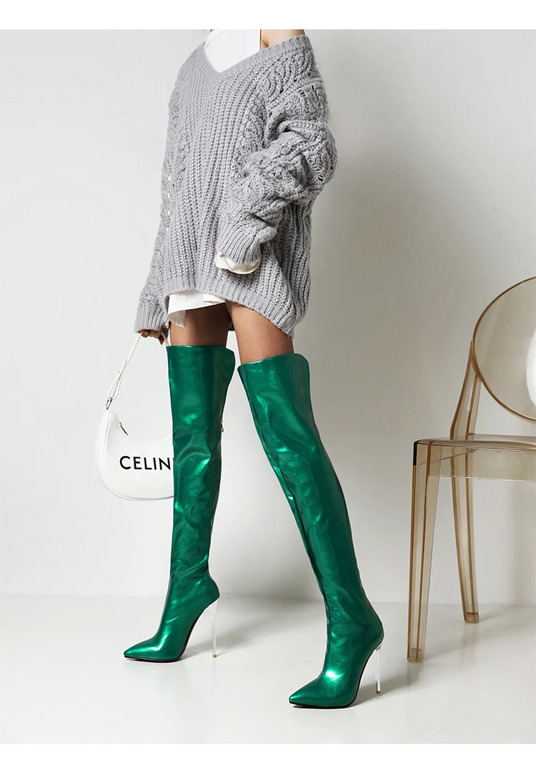 Super High Sexy Metal Stiletto Heel Patent Leather Women's Over-The-Knee Boots Large Size Pointed Toe Plush Lining Catwalk Boots