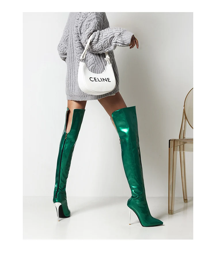 Super High Sexy Metal Stiletto Heel Patent Leather Women's Over-The-Knee Boots Large Size Pointed Toe Plush Lining Catwalk Boots