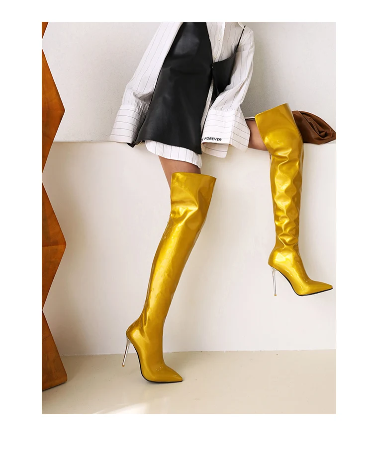 Super High Sexy Metal Stiletto Heel Patent Leather Women's Over-The-Knee Boots Large Size Pointed Toe Plush Lining Catwalk Boots