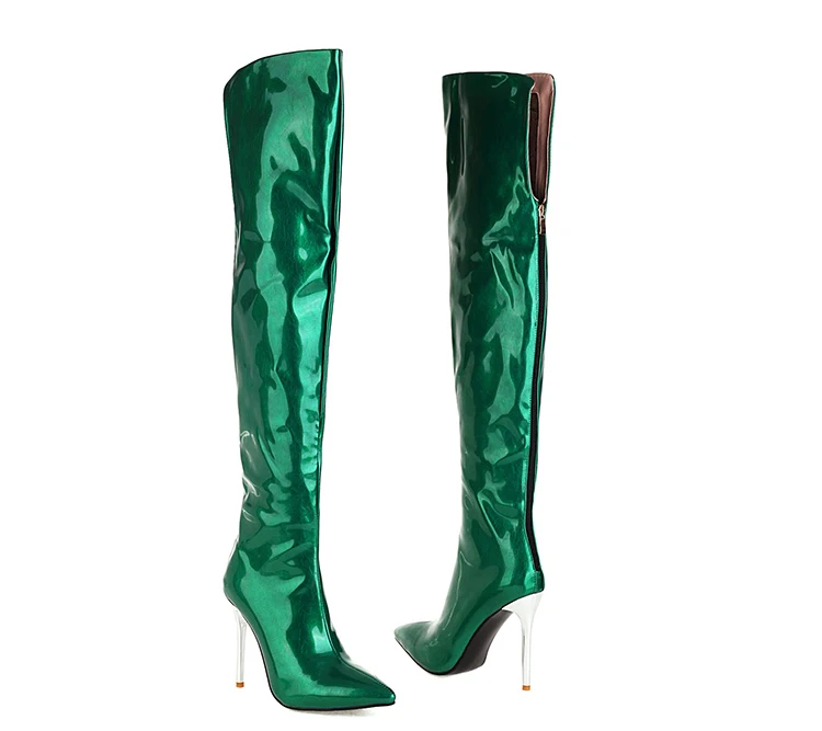 Super High Sexy Metal Stiletto Heel Patent Leather Women's Over-The-Knee Boots Large Size Pointed Toe Plush Lining Catwalk Boots