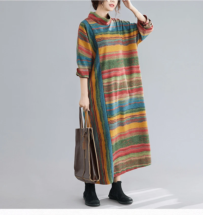 Amax luluE Women Casual Loose Bohemia Vestidos 2024 Spring British Style Vintage Striped Elegant Dress Turtleneck Design Dresses