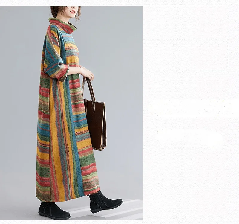 Amax luluE Women Casual Loose Bohemia Vestidos 2024 Spring British Style Vintage Striped Elegant Dress Turtleneck Design Dresses