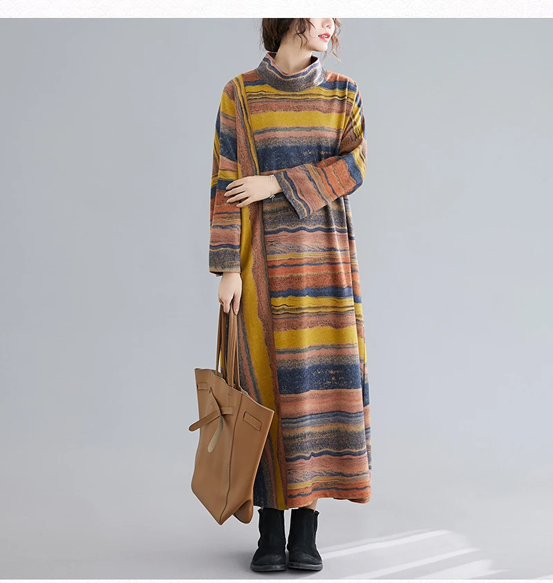 Amax luluE Women Casual Loose Bohemia Vestidos 2024 Spring British Style Vintage Striped Elegant Dress Turtleneck Design Dresses