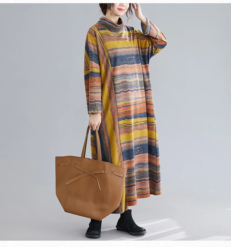 Amax luluE Women Casual Loose Bohemia Vestidos 2024 Spring British Style Vintage Striped Elegant Dress Turtleneck Design Dresses