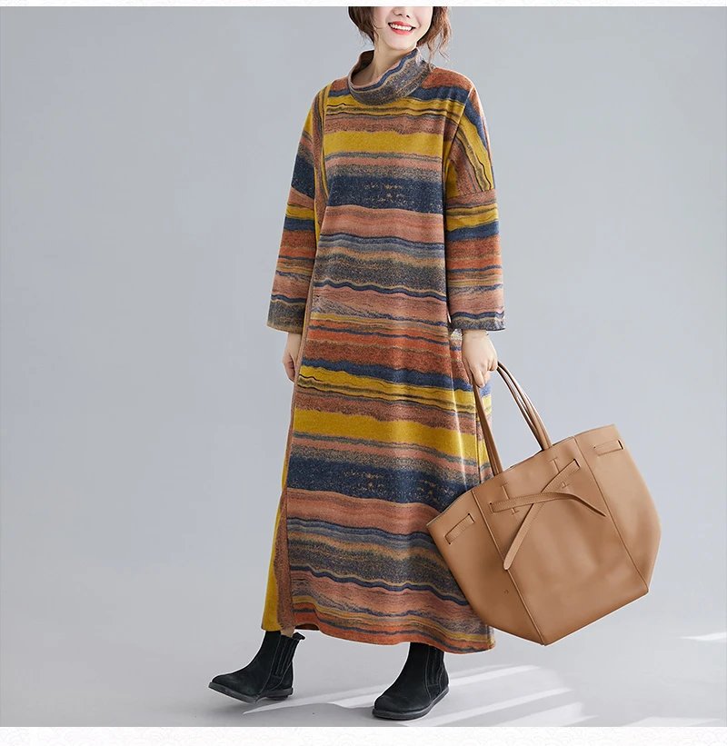 Amax luluE Women Casual Loose Bohemia Vestidos 2024 Spring British Style Vintage Striped Elegant Dress Turtleneck Design Dresses