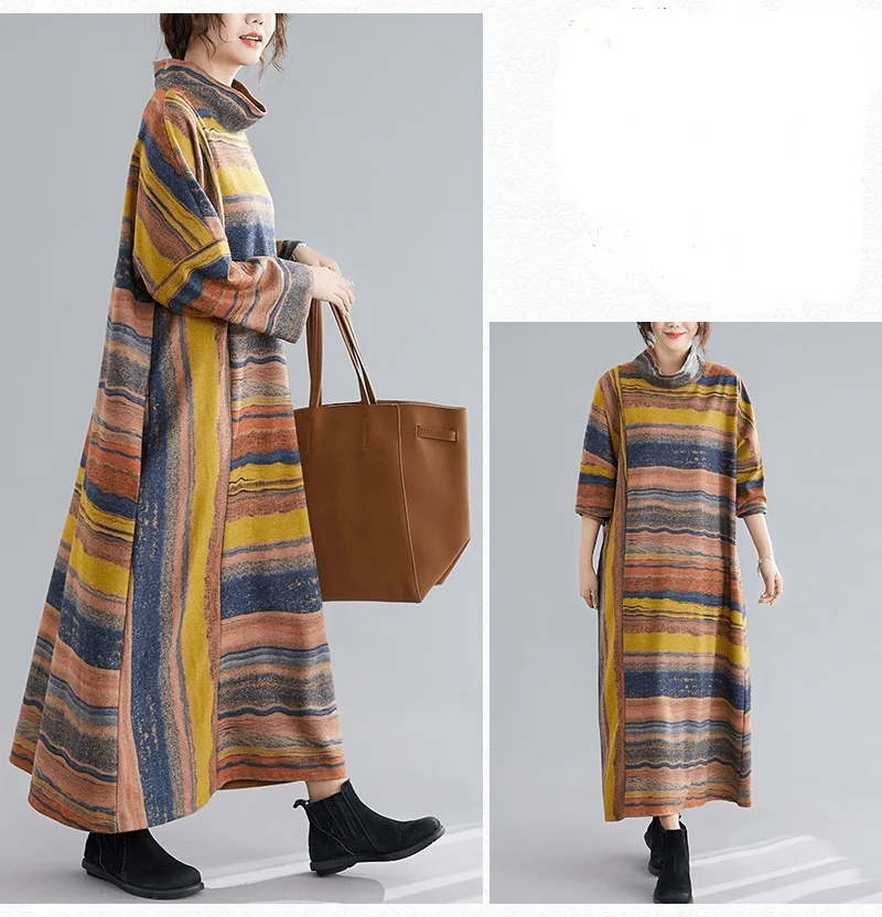 Amax luluE Women Casual Loose Bohemia Vestidos 2024 Spring British Style Vintage Striped Elegant Dress Turtleneck Design Dresses