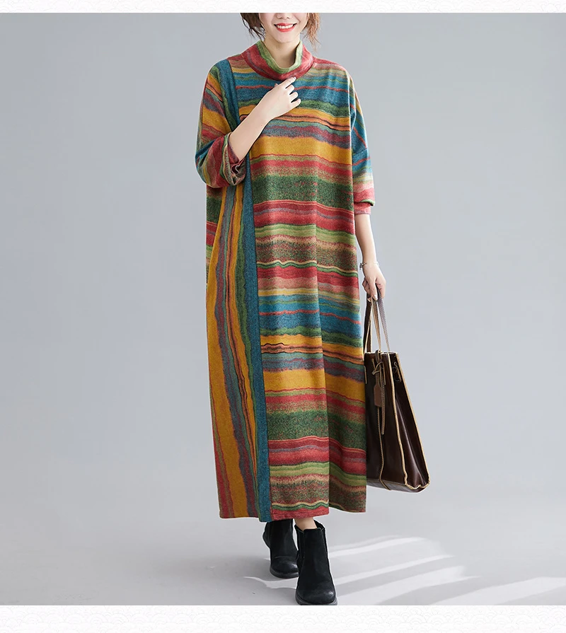 Amax luluE Women Casual Loose Bohemia Vestidos 2024 Spring British Style Vintage Striped Elegant Dress Turtleneck Design Dresses