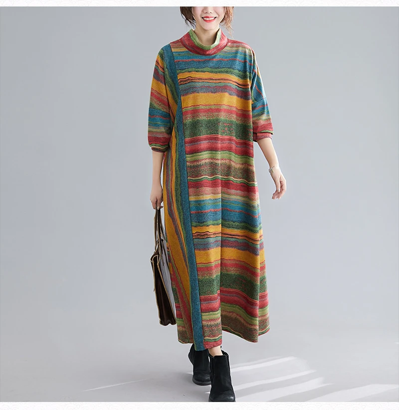 Amax luluE Women Casual Loose Bohemia Vestidos 2024 Spring British Style Vintage Striped Elegant Dress Turtleneck Design Dresses