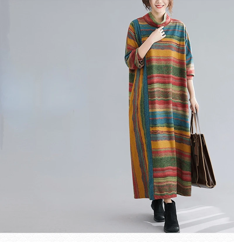 Amax luluE Women Casual Loose Bohemia Vestidos 2024 Spring British Style Vintage Striped Elegant Dress Turtleneck Design Dresses
