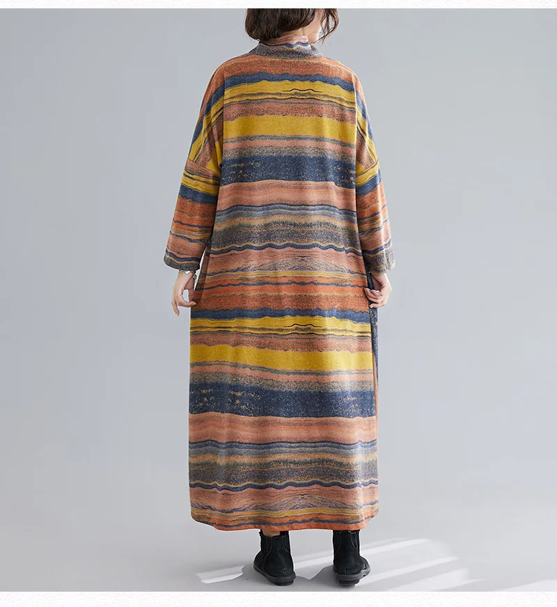 Amax luluE Women Casual Loose Bohemia Vestidos 2024 Spring British Style Vintage Striped Elegant Dress Turtleneck Design Dresses