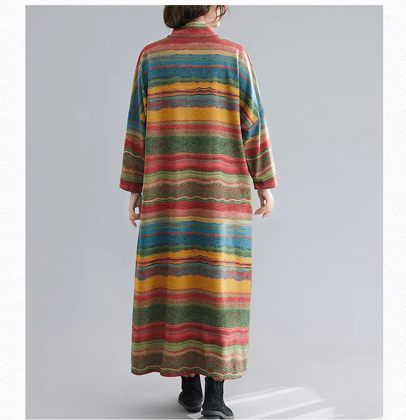 Amax luluE Women Casual Loose Bohemia Vestidos 2024 Spring British Style Vintage Striped Elegant Dress Turtleneck Design Dresses