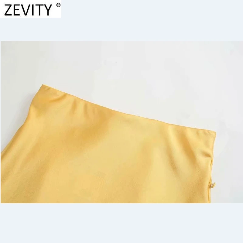 Zevity 2021 Elegant Women French Style Candy Color Split Satin A Line Skirt Faldas Mujer Female Casual Summer Midi Skirts QUN810