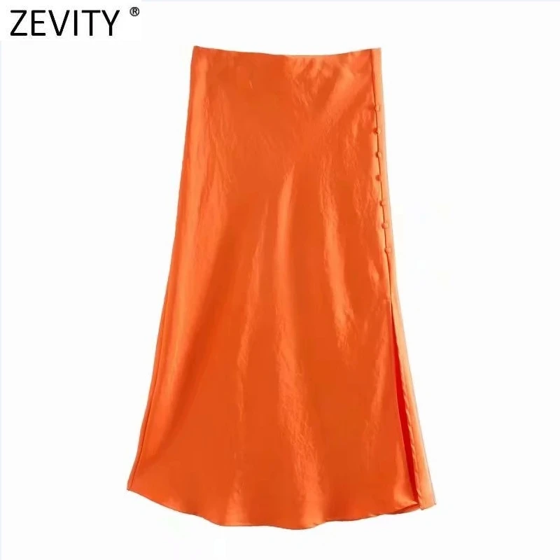 Zevity 2021 Elegant Women French Style Candy Color Split Satin A Line Skirt Faldas Mujer Female Casual Summer Midi Skirts QUN810
