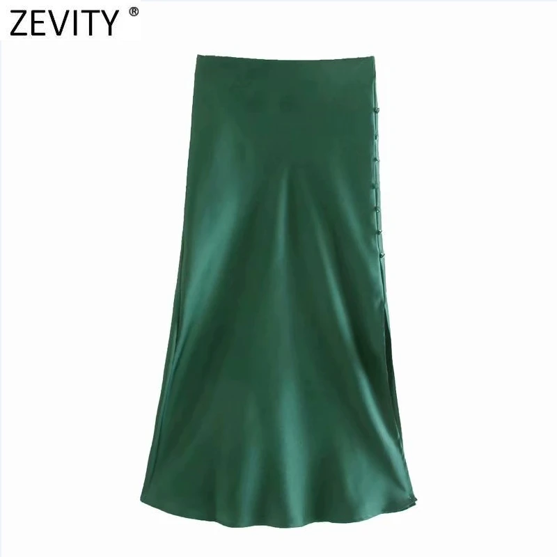 Zevity 2021 Elegant Women French Style Candy Color Split Satin A Line Skirt Faldas Mujer Female Casual Summer Midi Skirts QUN810