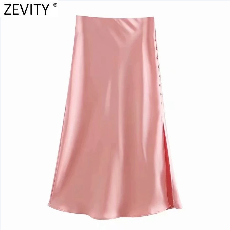 Zevity 2021 Elegant Women French Style Candy Color Split Satin A Line Skirt Faldas Mujer Female Casual Summer Midi Skirts QUN810