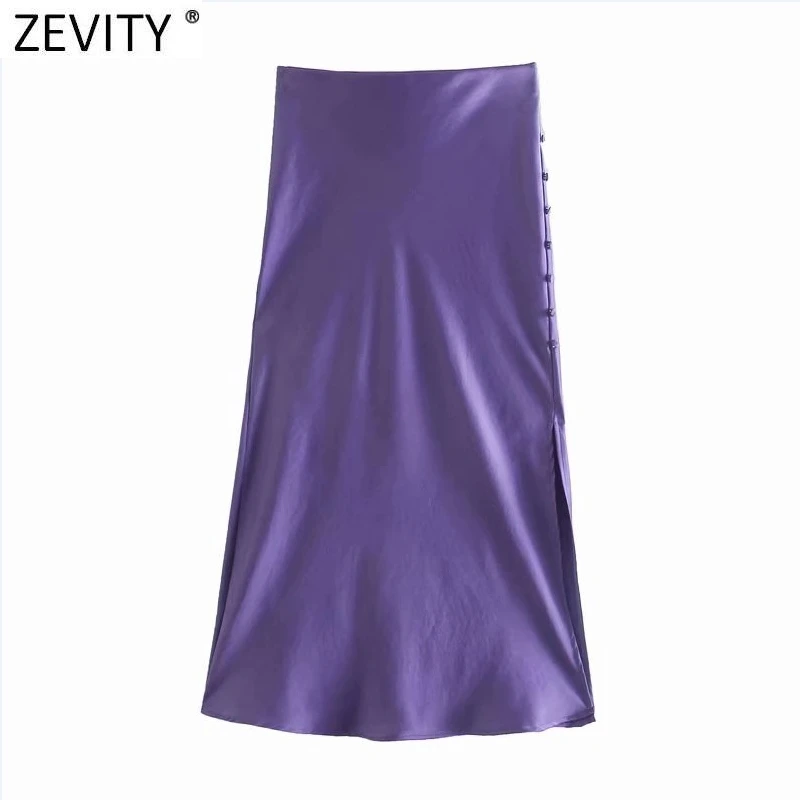 Zevity 2021 Elegant Women French Style Candy Color Split Satin A Line Skirt Faldas Mujer Female Casual Summer Midi Skirts QUN810