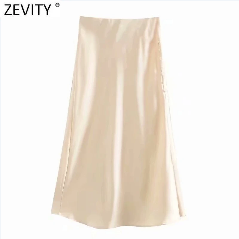 Zevity 2021 Elegant Women French Style Candy Color Split Satin A Line Skirt Faldas Mujer Female Casual Summer Midi Skirts QUN810