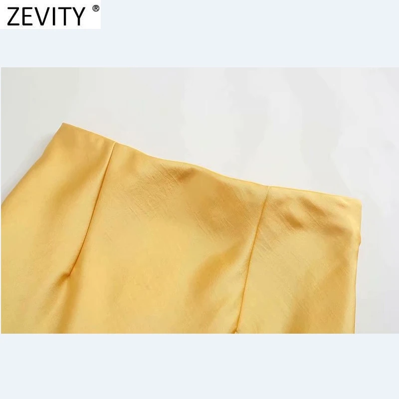 Zevity 2021 Elegant Women French Style Candy Color Split Satin A Line Skirt Faldas Mujer Female Casual Summer Midi Skirts QUN810