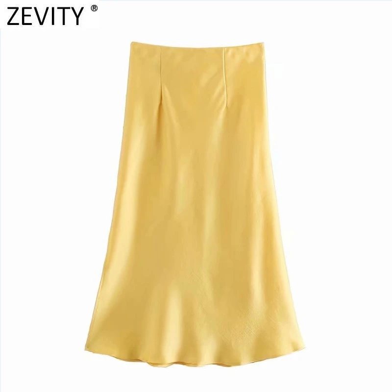 Zevity 2021 Elegant Women French Style Candy Color Split Satin A Line Skirt Faldas Mujer Female Casual Summer Midi Skirts QUN810