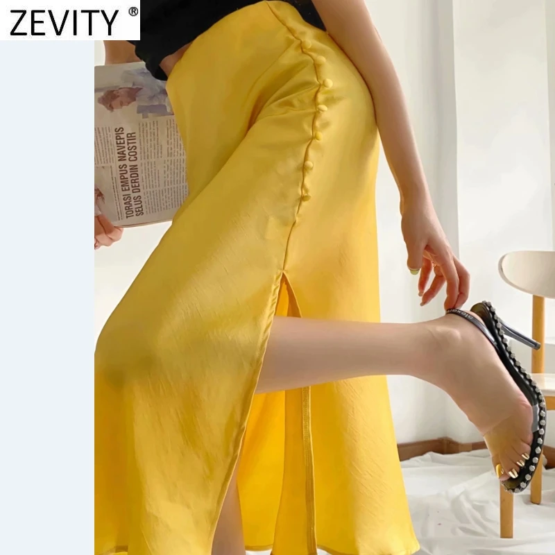 Zevity 2021 Elegant Women French Style Candy Color Split Satin A Line Skirt Faldas Mujer Female Casual Summer Midi Skirts QUN810