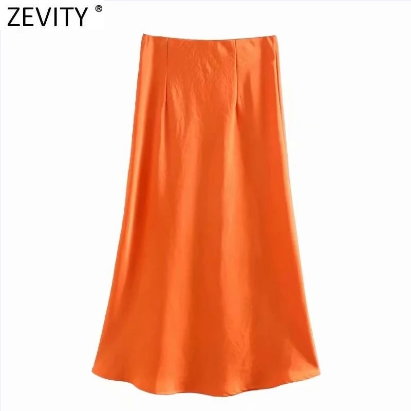 Zevity 2021 Elegant Women French Style Candy Color Split Satin A Line Skirt Faldas Mujer Female Casual Summer Midi Skirts QUN810