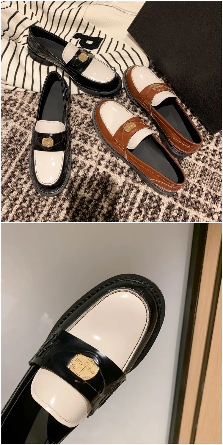 MKKHOU Fashion Loafers New High-Quality Leather Round Toe Color-Blocking Comfortable Low-heeled Women Shoes Daily Light Shoes